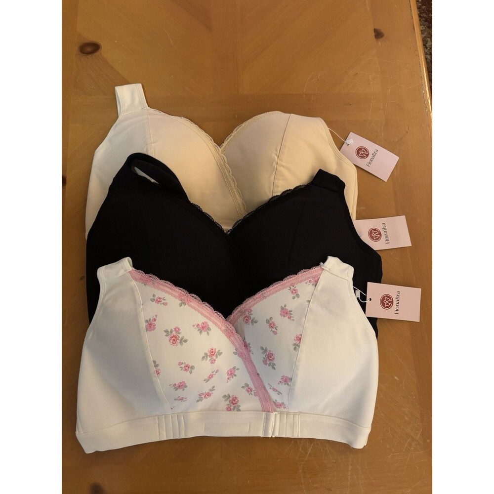 NWT FionaBra Wireless Comfort Bras 3-Pack XL+ White Black Floral Full Coverage